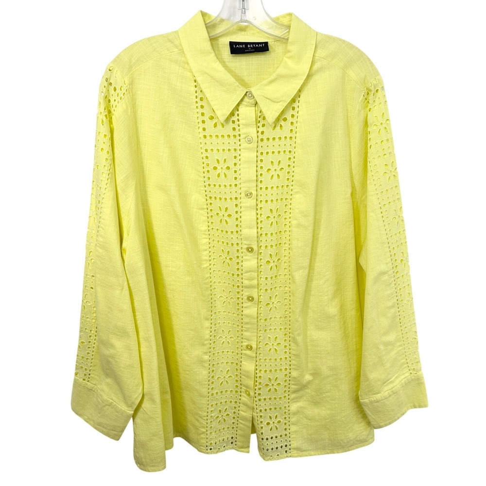 Lane Bryant Plus Size 18 Tunic Top Woven Yellow Cotton Eyelet Button Up 300
